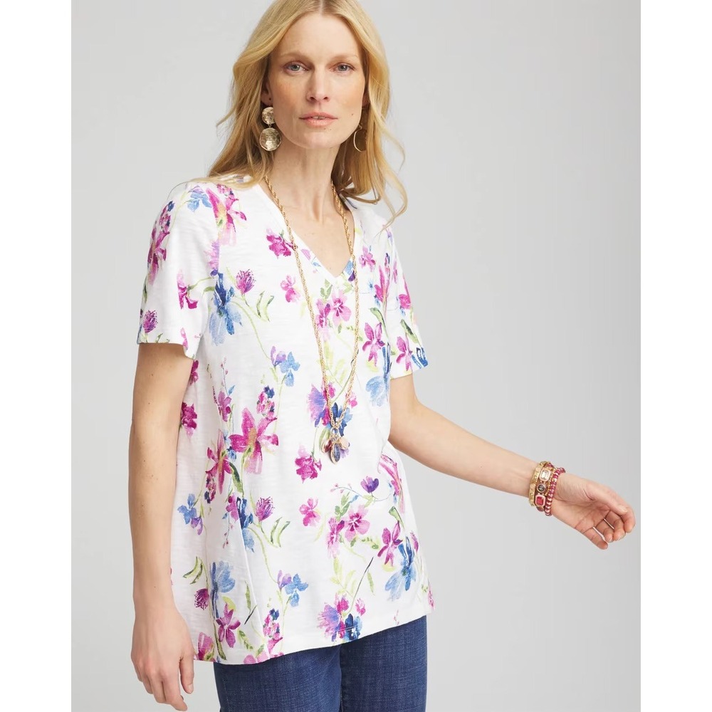Chico's Alabaster Wildflower Slub‎ V-Neck Tee White Purple Pink 3 XL 16